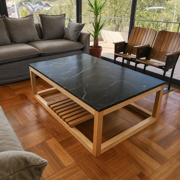 mesa de centro madera marmol marquina
